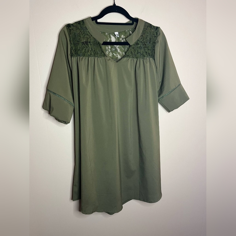 Cottagecore Oversized Large Olive Green Blouse With Lace Yoke Collar